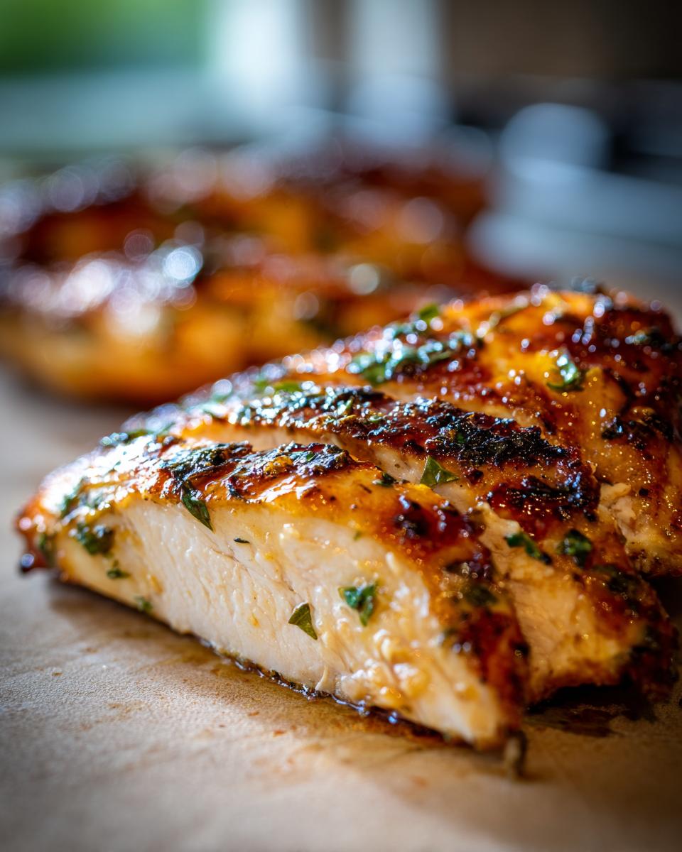 Close-up of perfectly cooked brined herb chicken breasts, showing the moist interior and herb-flecked glaze.