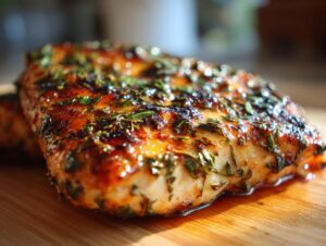 Close-up of perfectly cooked brined herb chicken breasts, glistening with juices and herbs on a wooden board.