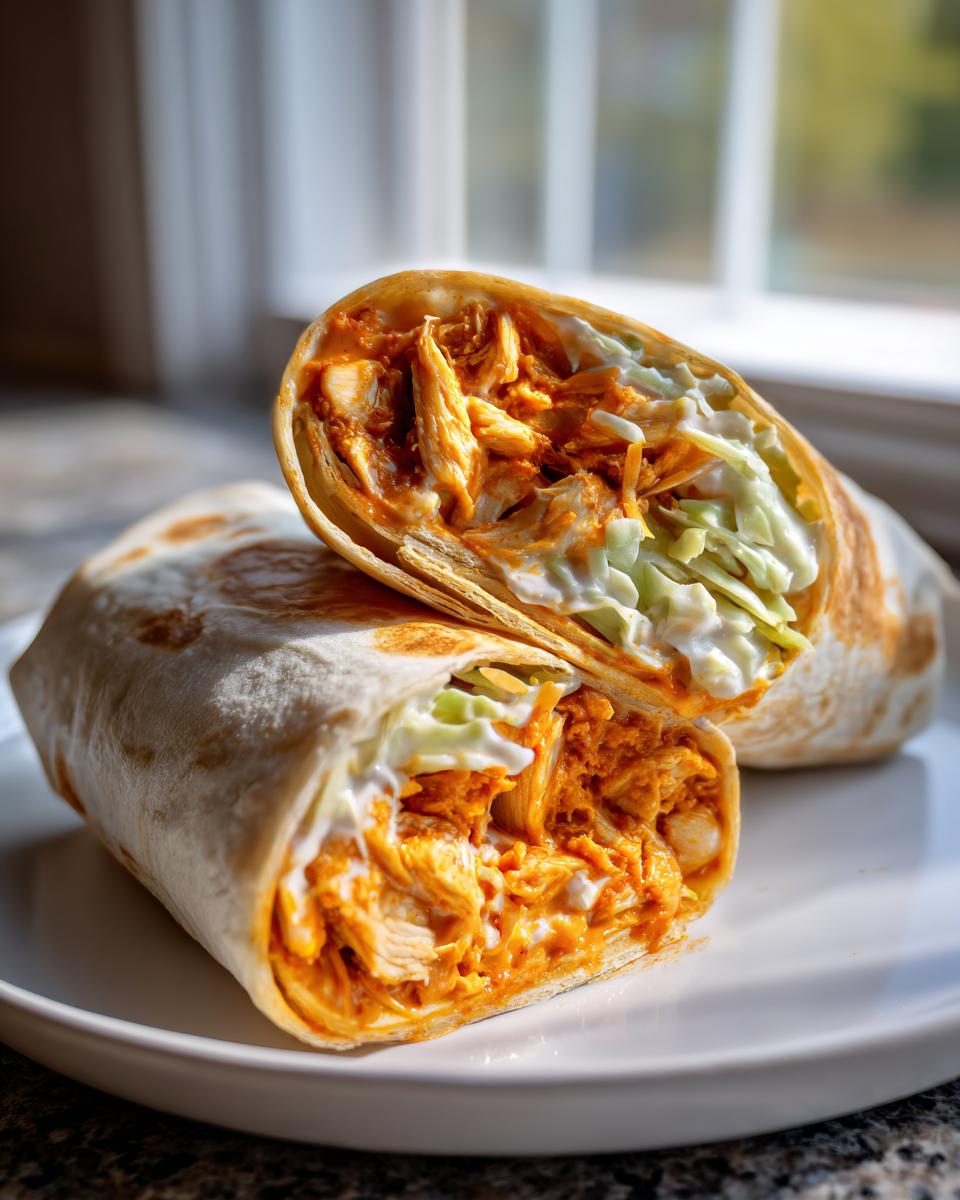 A buffalo chicken wrap cut in half, showing shredded chicken coated in orange sauce and creamy coleslaw filling.