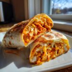 A grilled buffalo chicken wrap cut in half, showing shredded chicken in orange sauce, cheese, and creamy dressing.