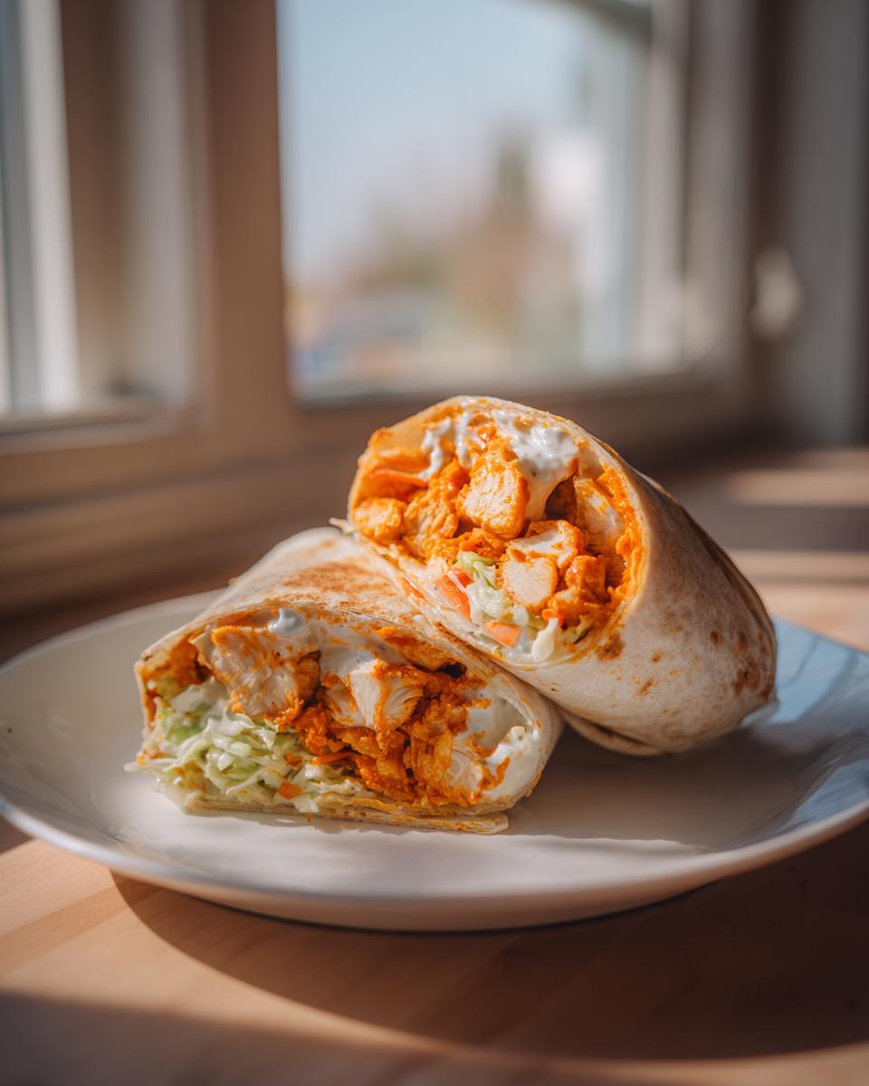 A buffalo chicken wrap cut in half, revealing chunks of orange-sauced chicken, coleslaw, and white sauce, served on a white plate.