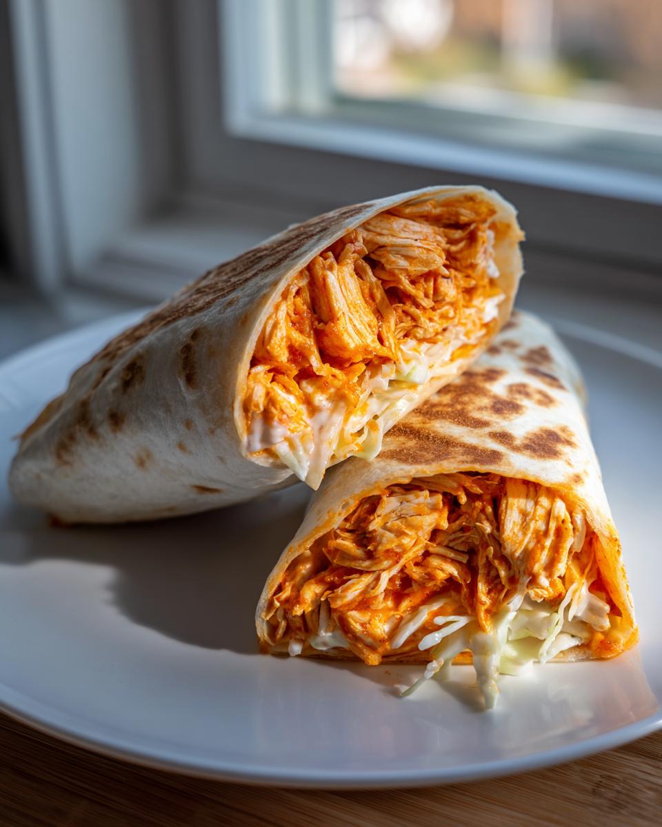 Two halves of a buffalo chicken wrap cut open, showing shredded chicken tossed in orange sauce and coleslaw.