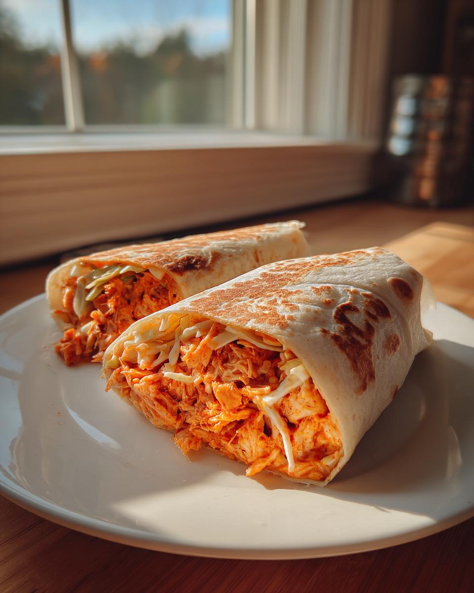 Two halves of a toasted buffalo chicken wrap filled with shredded orange chicken and coleslaw, served on a white plate.