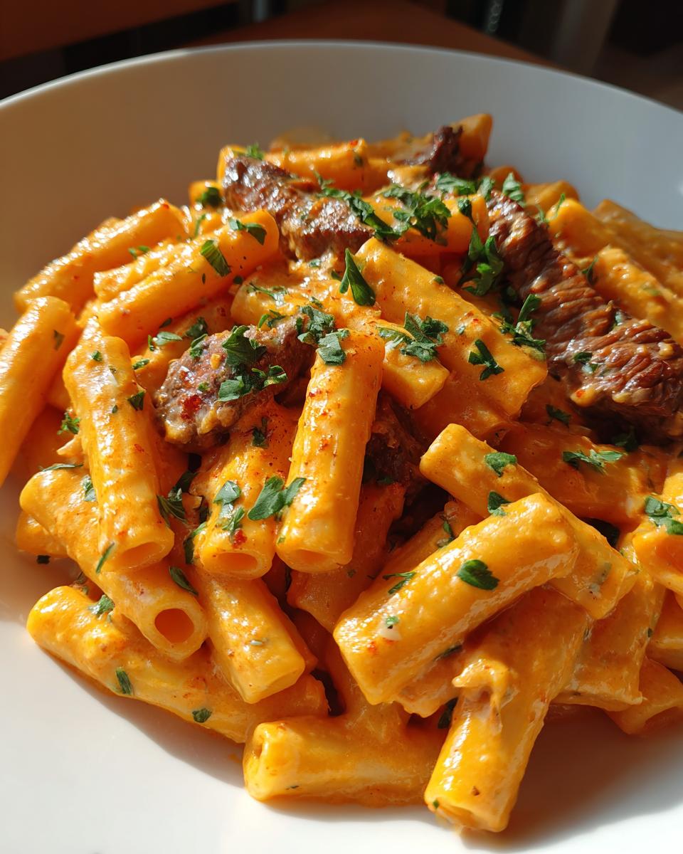 A close-up of Buffalo Chipotle Steak Pasta, featuring rigatoni pasta coated in a creamy orange sauce with pieces of steak and garnished with parsley.