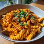 A close-up of a bowl filled with Buffalo Chipotle Steak Pasta, featuring fusilli pasta coated in a creamy orange sauce with chunks of steak and fresh parsley.