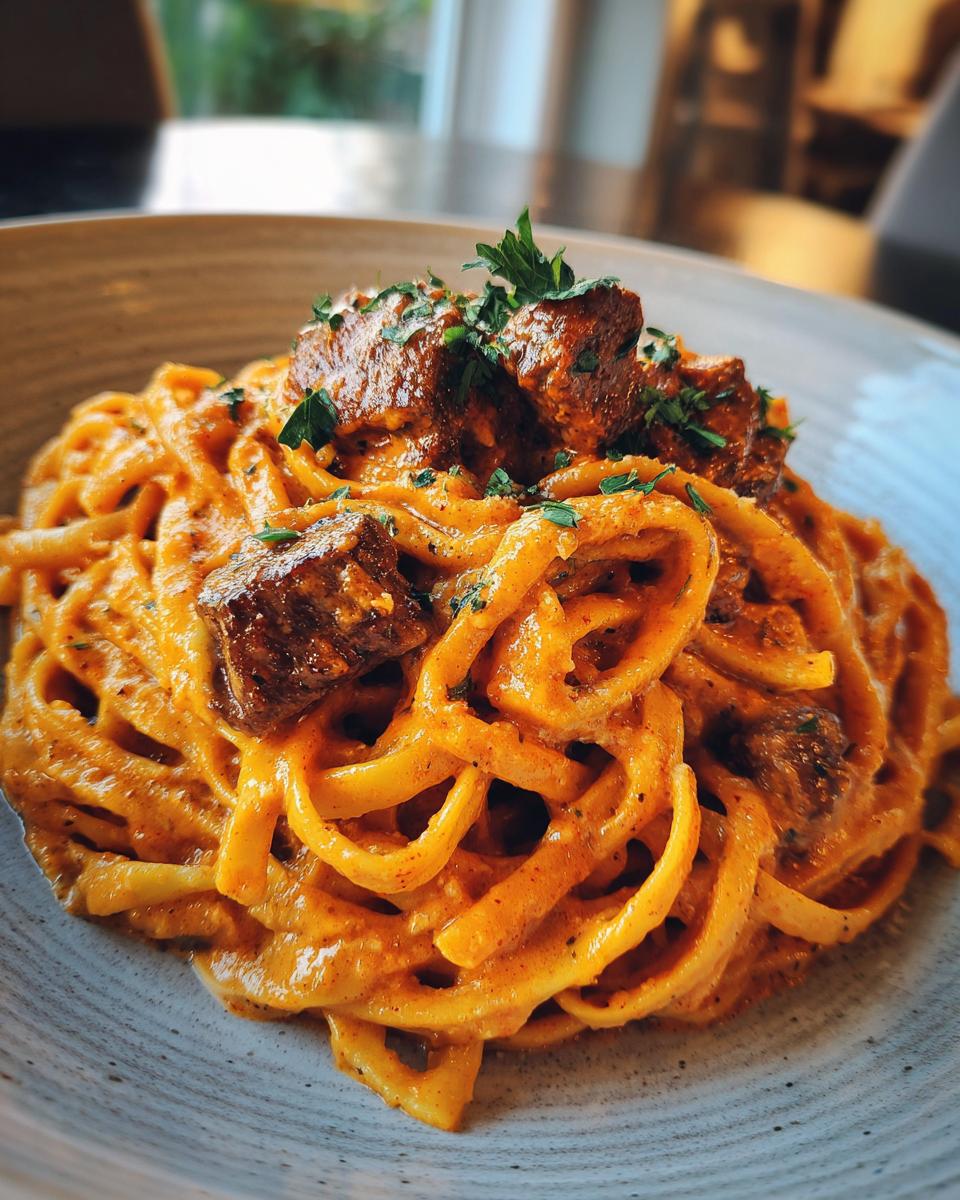 Close-up of Buffalo Chipotle Steak Pasta, featuring fettuccine noodles coated in a creamy orange sauce, topped with steak bites and parsley.