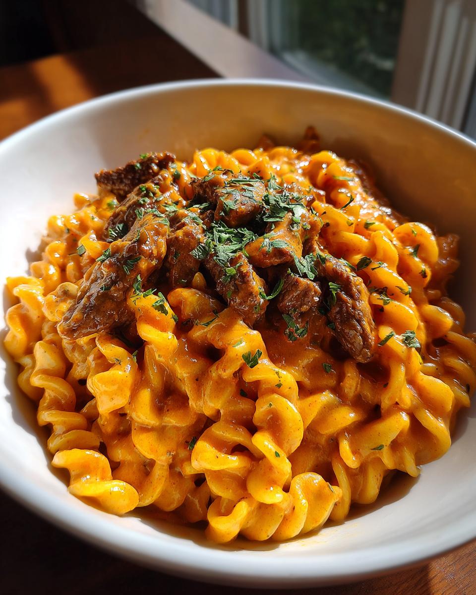 A bowl of Buffalo Chipotle Steak Pasta featuring fusilli noodles coated in a creamy orange sauce and topped with steak pieces and parsley.