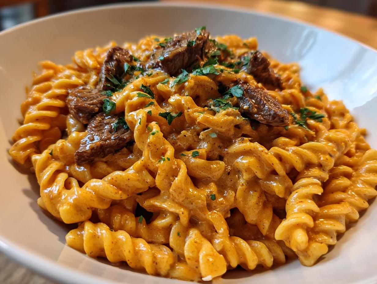A close-up of Buffalo Chipotle Steak Pasta featuring fusilli noodles coated in a creamy orange sauce, topped with steak pieces and parsley.