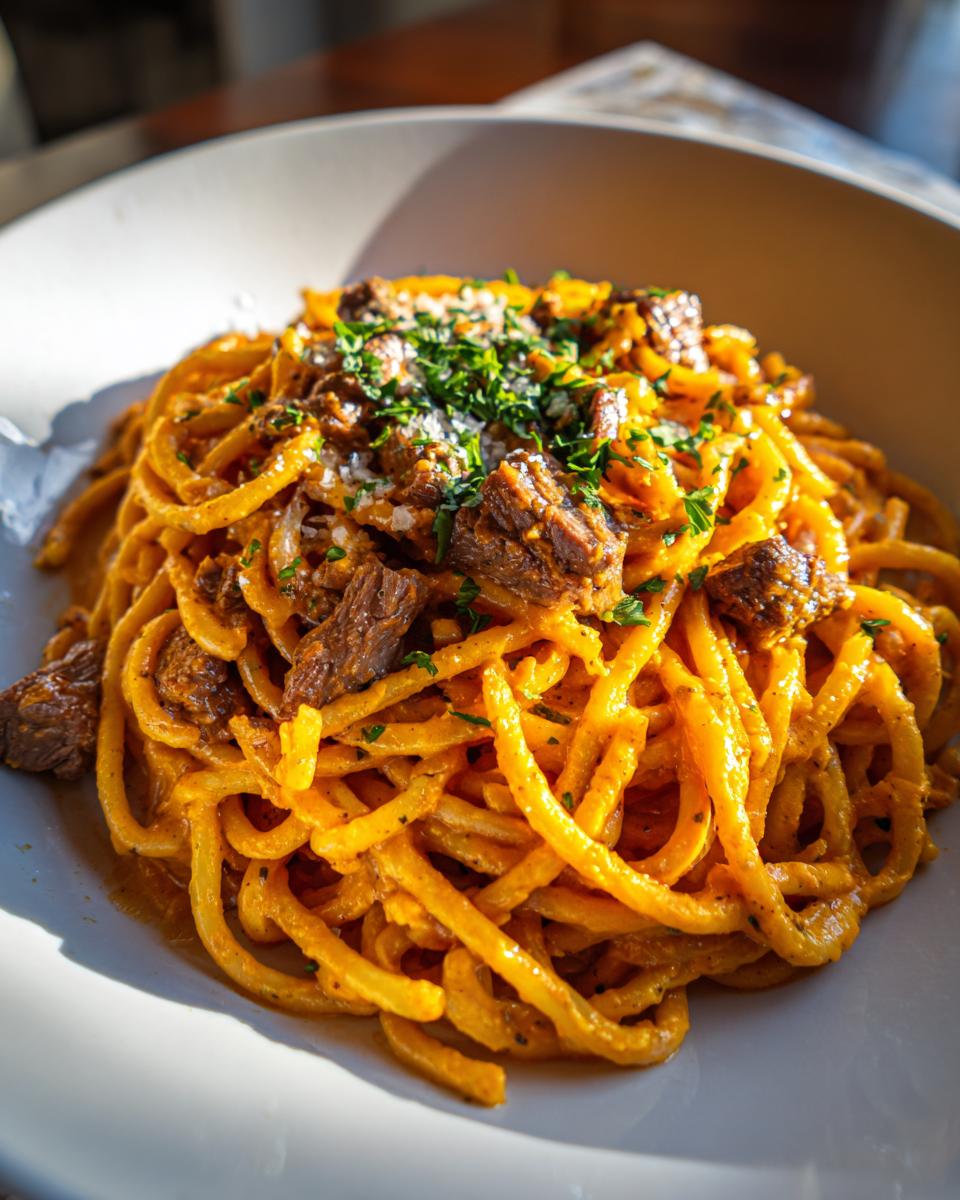 Close-up of Buffalo Chipotle Steak Pasta with tender steak pieces and creamy sauce, garnished with parsley.
