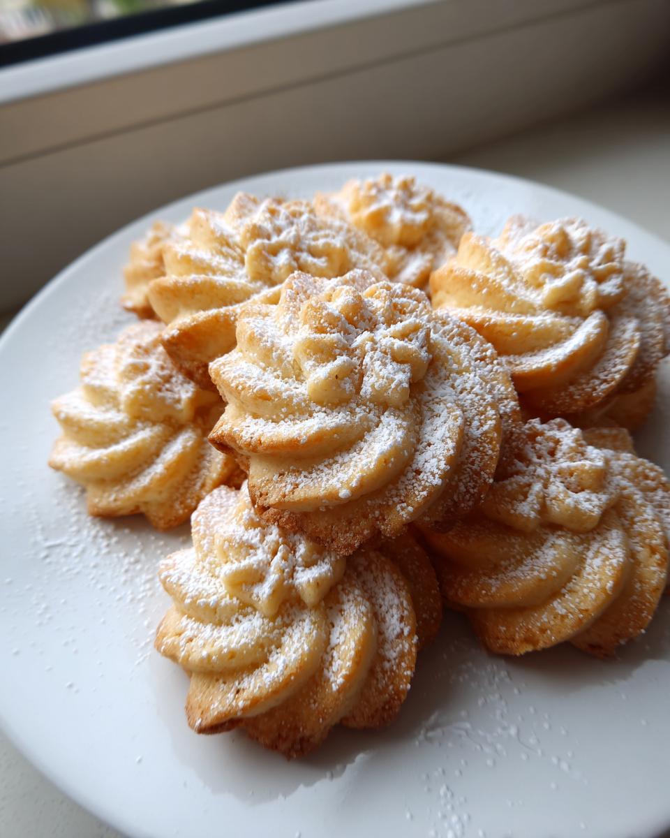 A plate of freshly baked, star-shaped butter cookie treats dusted generously with powdered sugar.