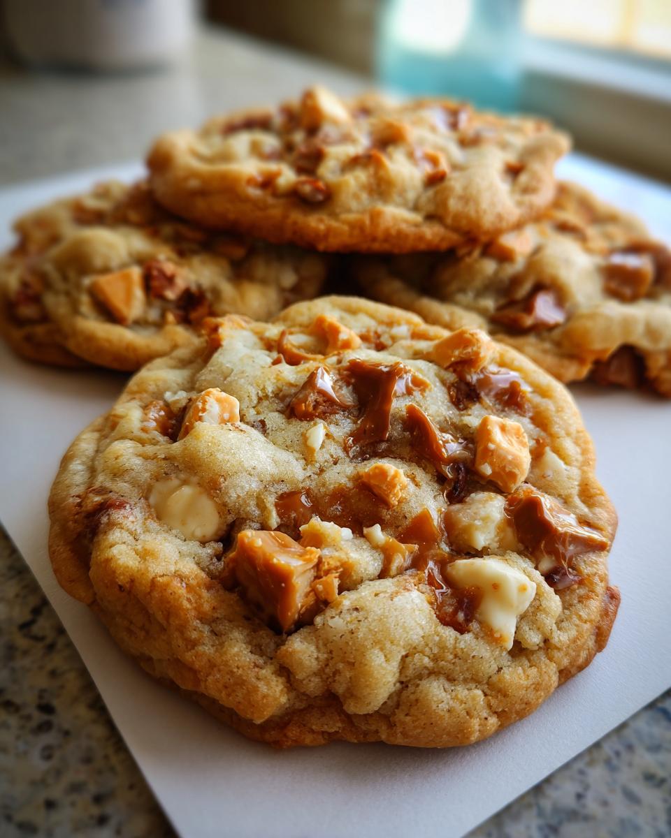 Close-up of delicious Butterfinger Caramel Crunch Cookies, showing chunks of candy and white chocolate chips.