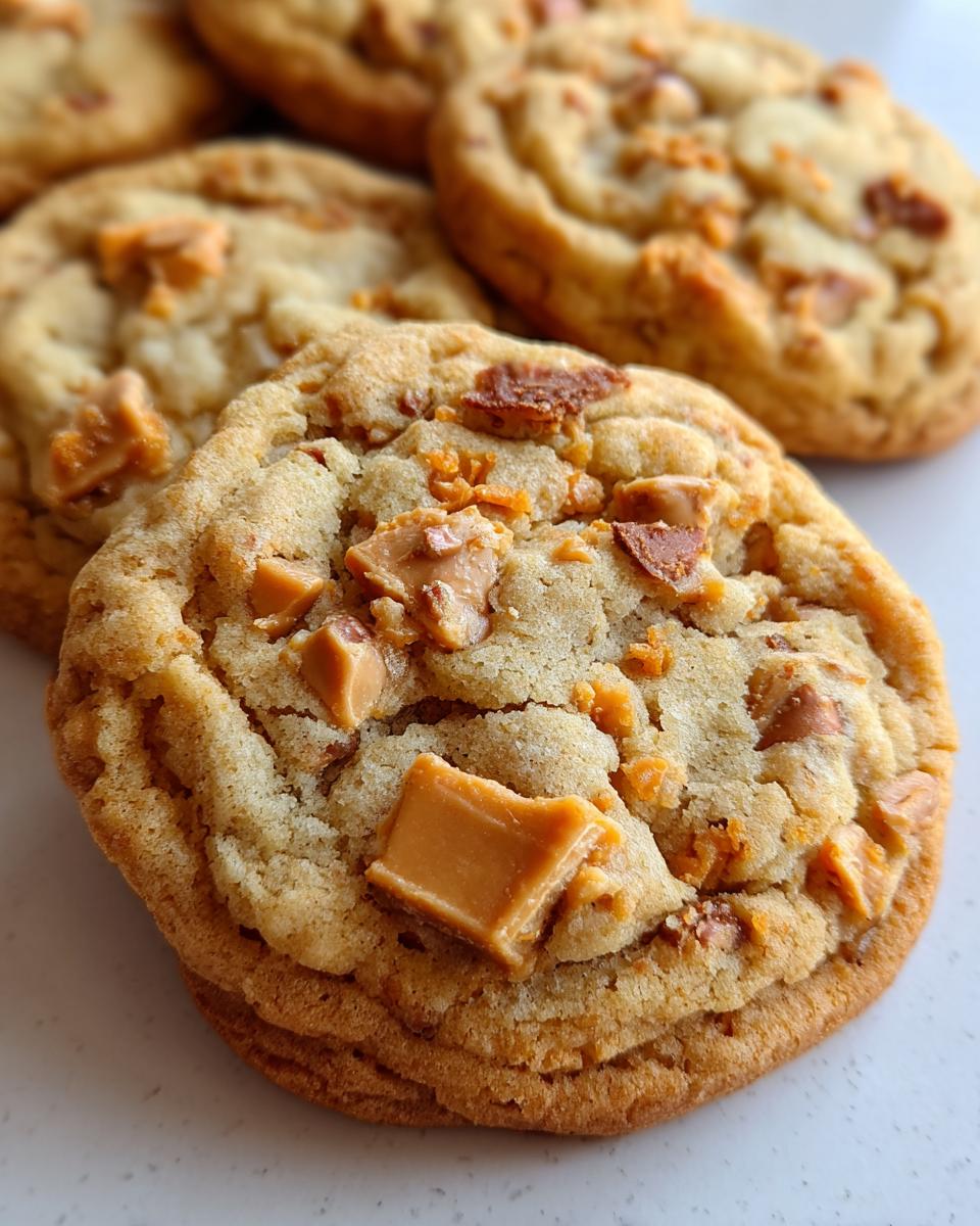 Close-up of delicious Butterfinger Caramel Crunch Cookies, showcasing chunks of candy and caramel.