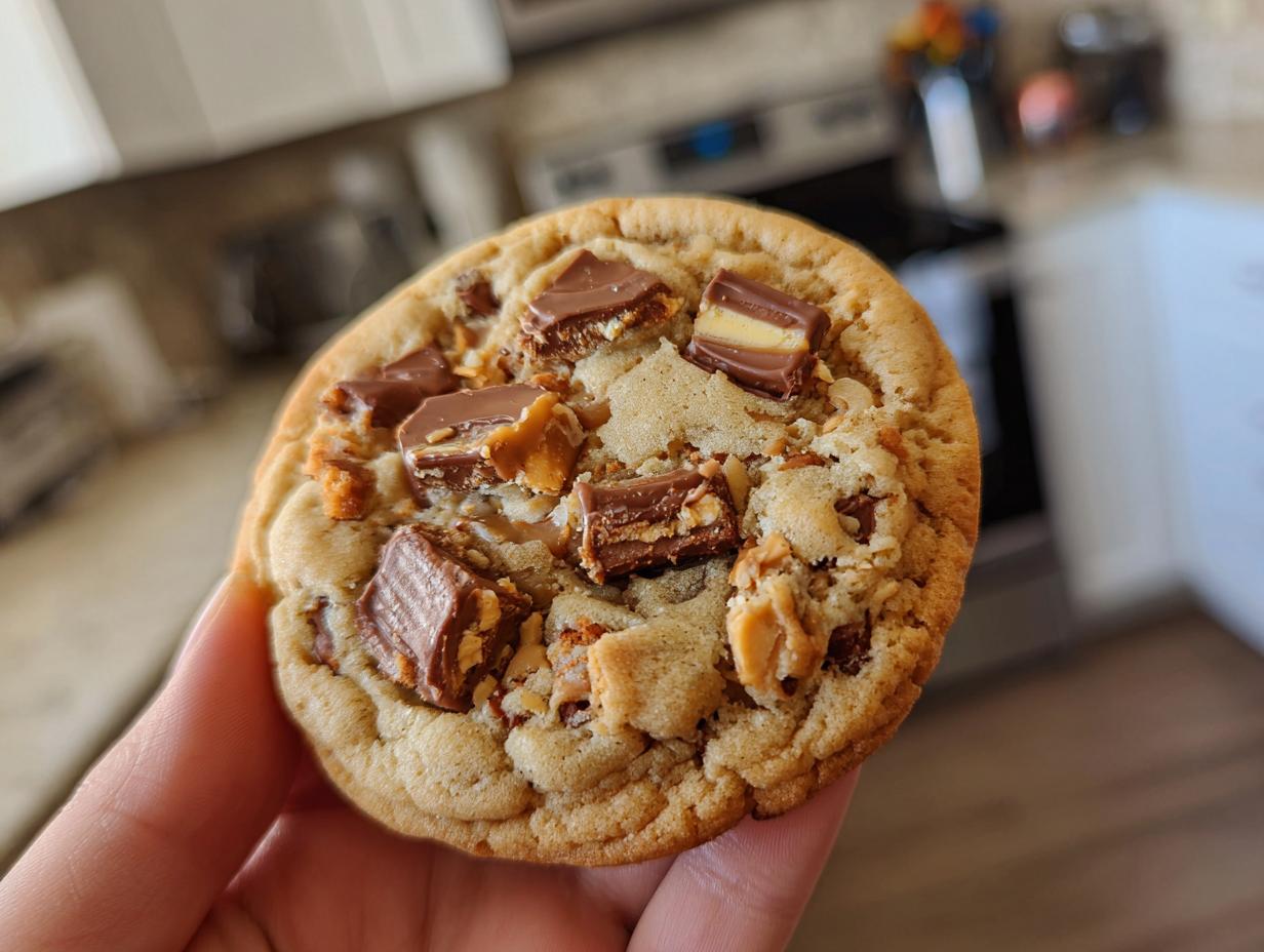 A close-up of a delicious Butterfinger Caramel Crunch Cookie, loaded with chocolate and candy pieces.