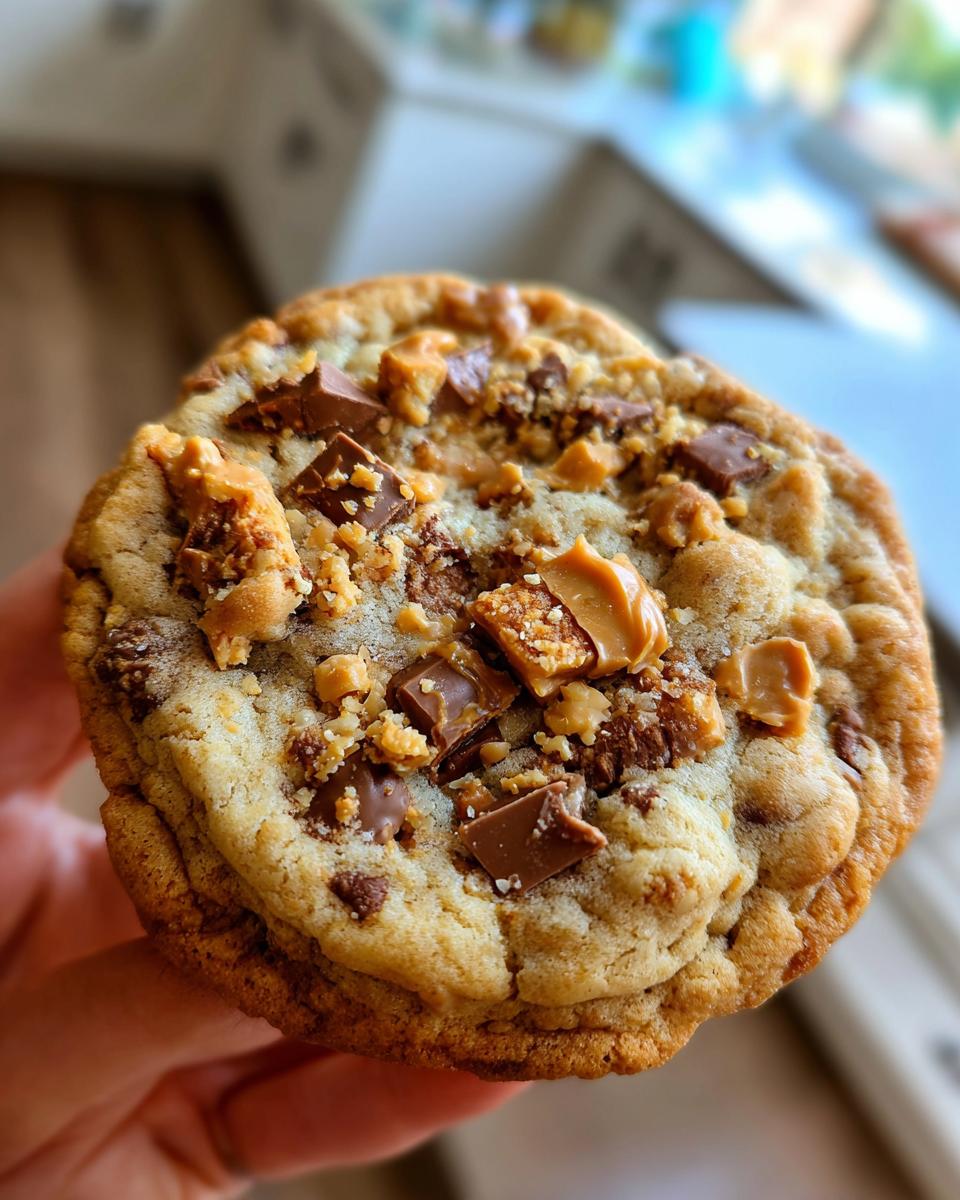 Close-up of a delicious Butterfinger Caramel Crunch Cookie, loaded with chocolate chunks and caramel pieces.