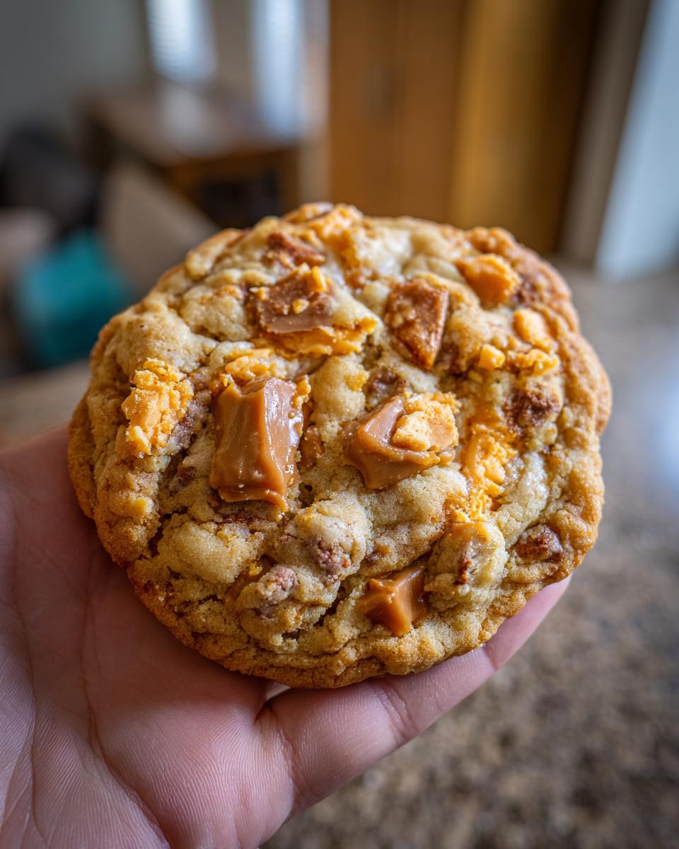 A close-up of a delicious Butterfinger Caramel Crunch cookie held in a hand, showing chunks of candy.