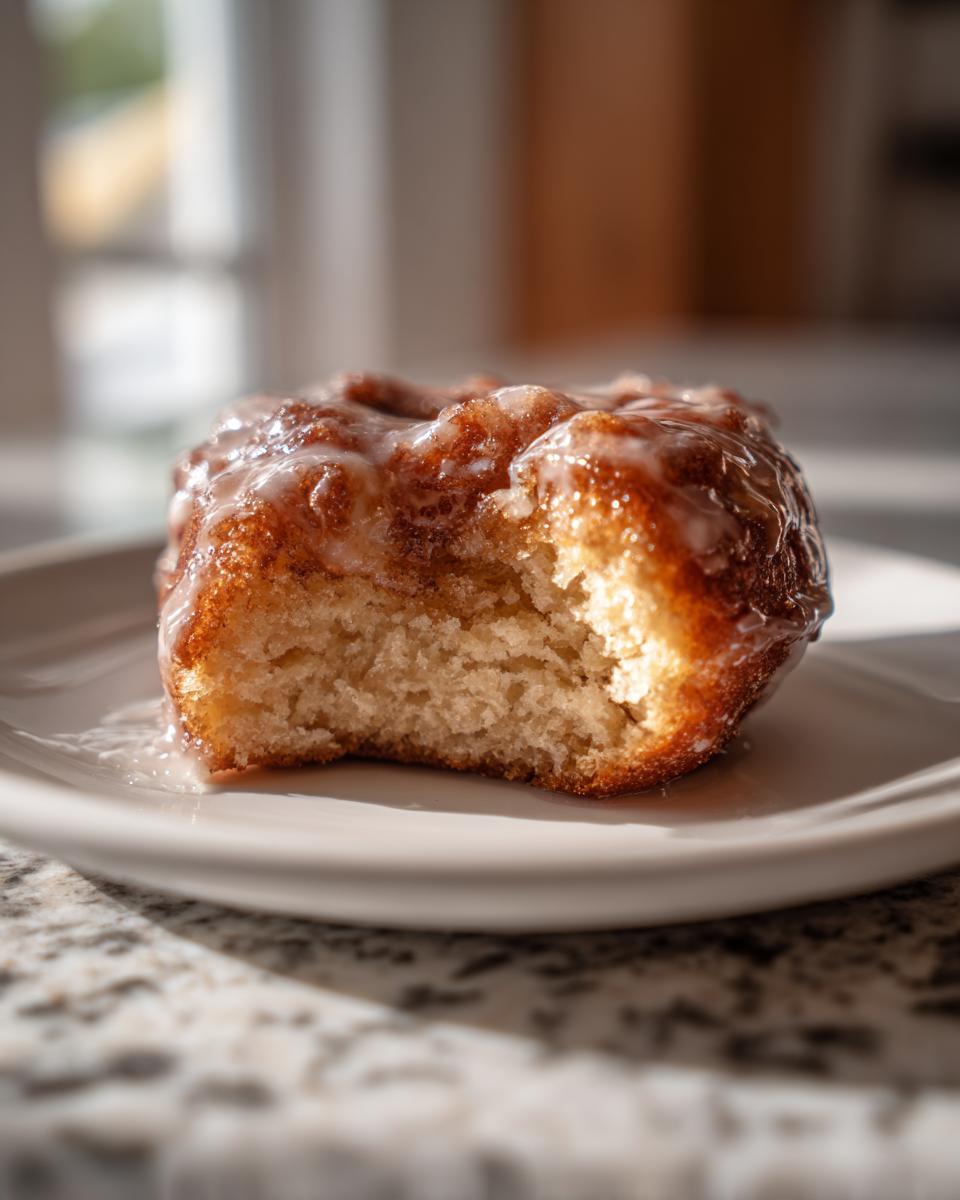 A bite taken out of a fluffy buttermilk donut bar with a sweet glaze.