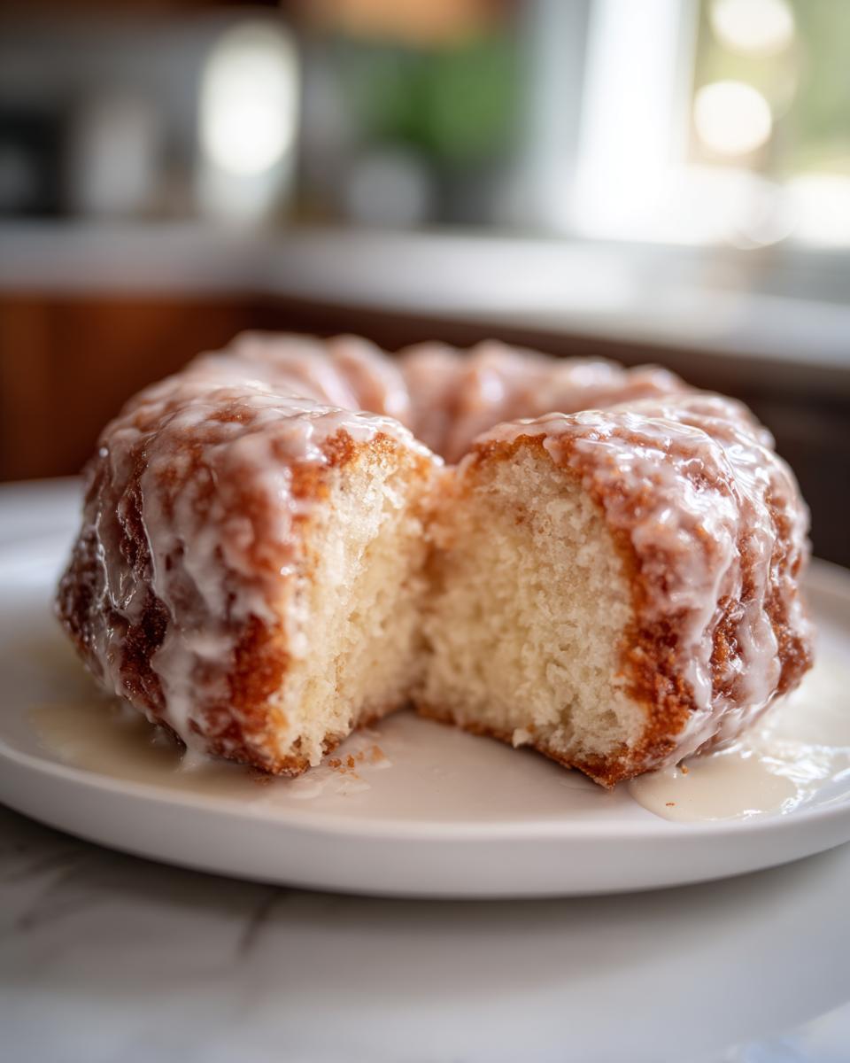 Close-up of a buttermilk donut bars glaze Bundt cake, cut in half to show the fluffy interior.