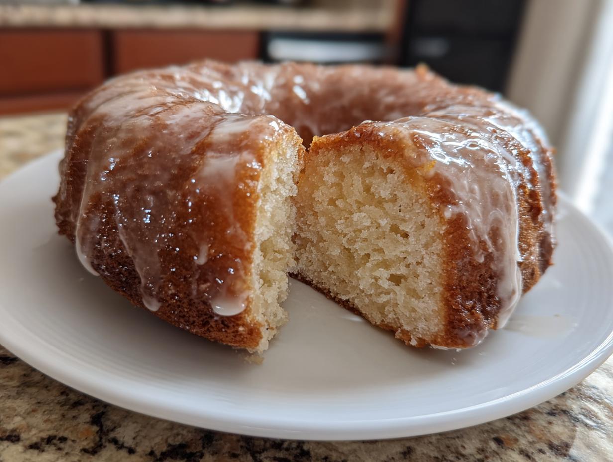 A golden brown bundt cake with a glossy buttermilk donut bars glaze, sliced to reveal a tender crumb.