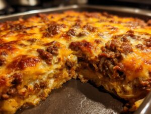 Close-up of a freshly baked Cajun cabbage casserole with melted cheese and ground beef.