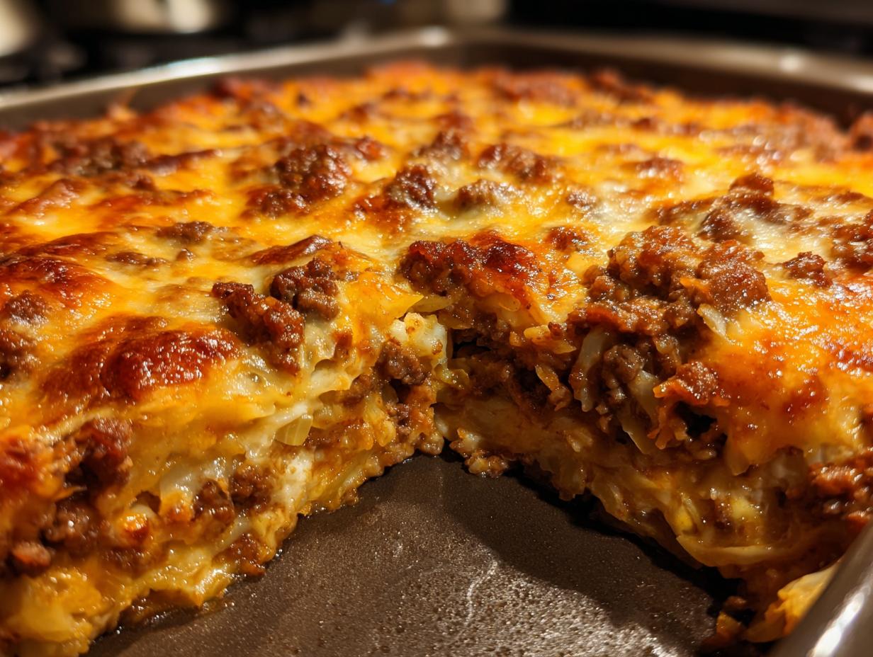 Close-up of a freshly baked Cajun cabbage casserole with melted cheese and ground beef.