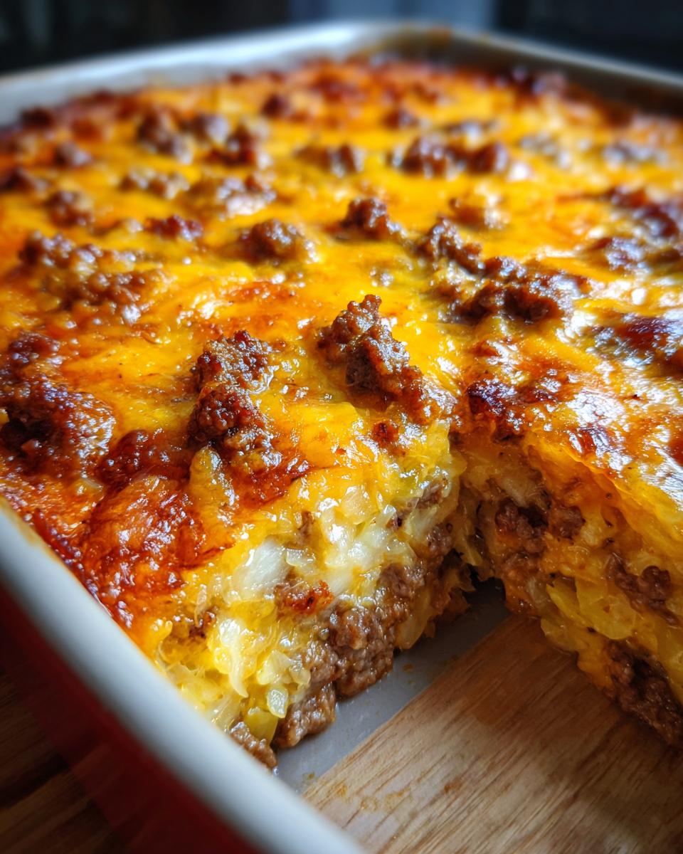 A close-up of a freshly baked Cajun cabbage casserole with melted cheddar cheese and seasoned ground beef.