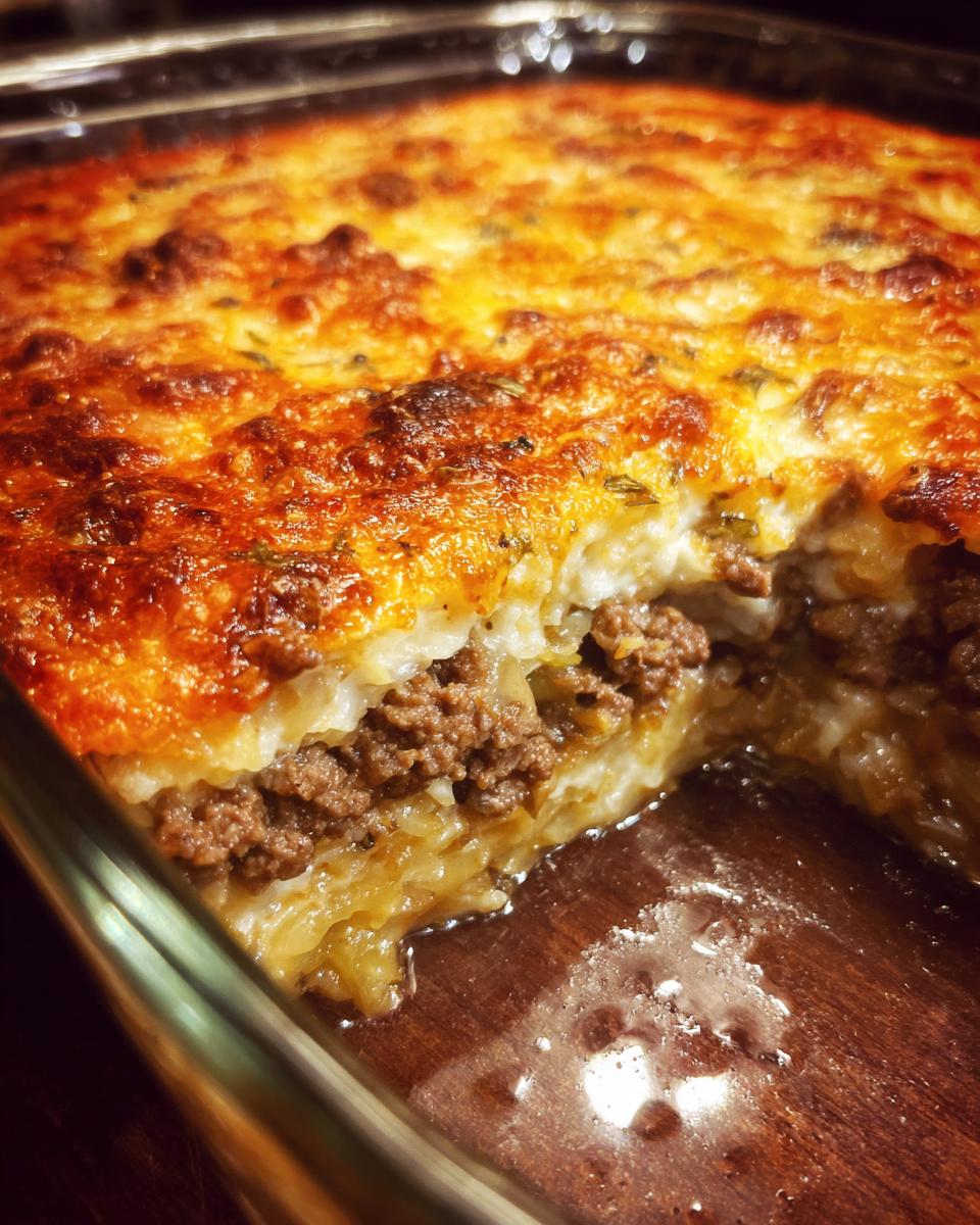 A close-up of a slice of Cajun cabbage casserole, showing layers of ground beef, cabbage, and melted cheese.