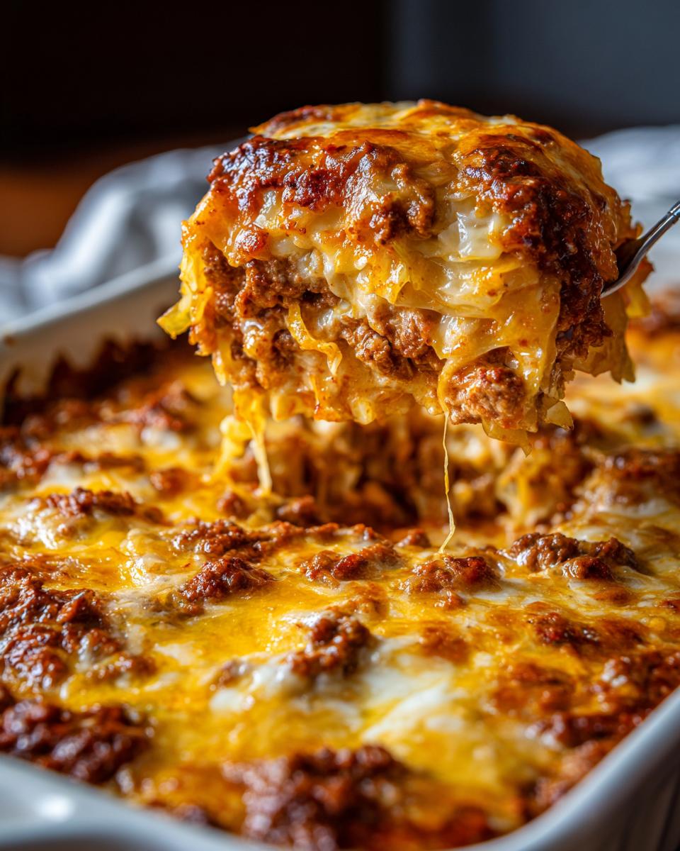 A fork lifts a cheesy, layered slice of Cajun cabbage casserole from a baking dish.