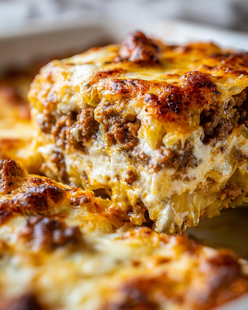A close-up of a generous slice of Cajun cabbage casserole, featuring layers of ground meat, creamy sauce, and golden-brown cheese.