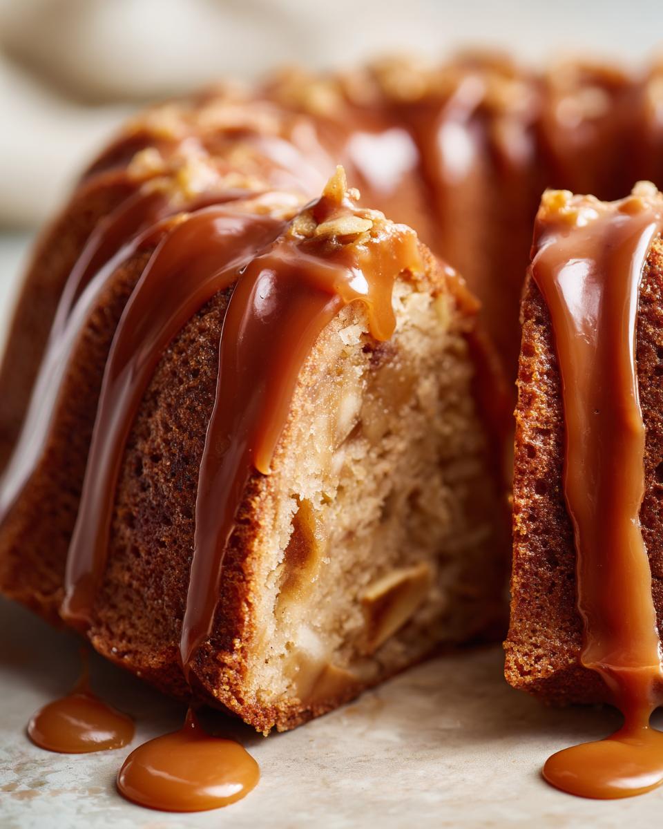 Close-up of a decadent caramel apple cake, generously drizzled with rich caramel sauce and topped with nuts.