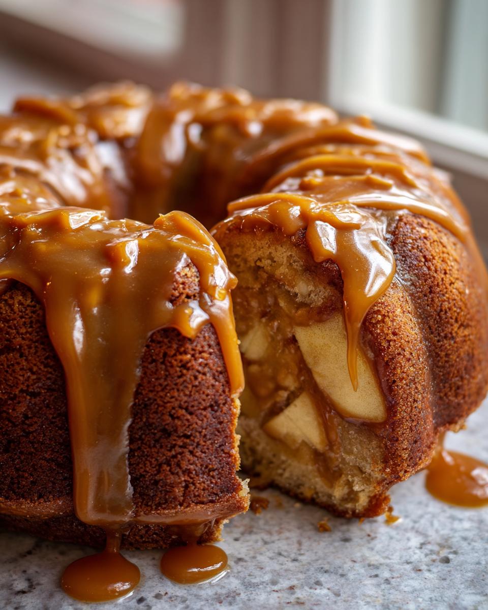 A slice taken out of a moist caramel apple cake, revealing chunks of apple and drizzled with rich caramel sauce.