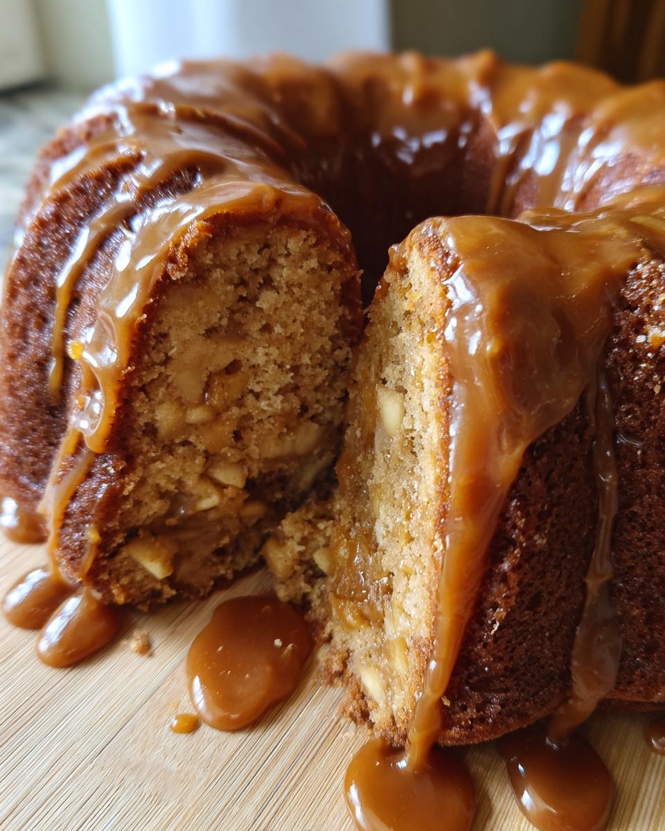 A slice of moist caramel apple cake, generously drizzled with thick caramel sauce. Chunks of apple are visible within the cake.