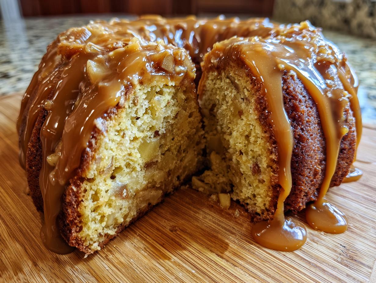 A slice of moist caramel apple cake, generously drizzled with rich caramel sauce and topped with chopped nuts.