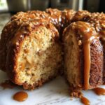 A slice of moist caramel apple cake, drizzled with caramel sauce and topped with nuts.