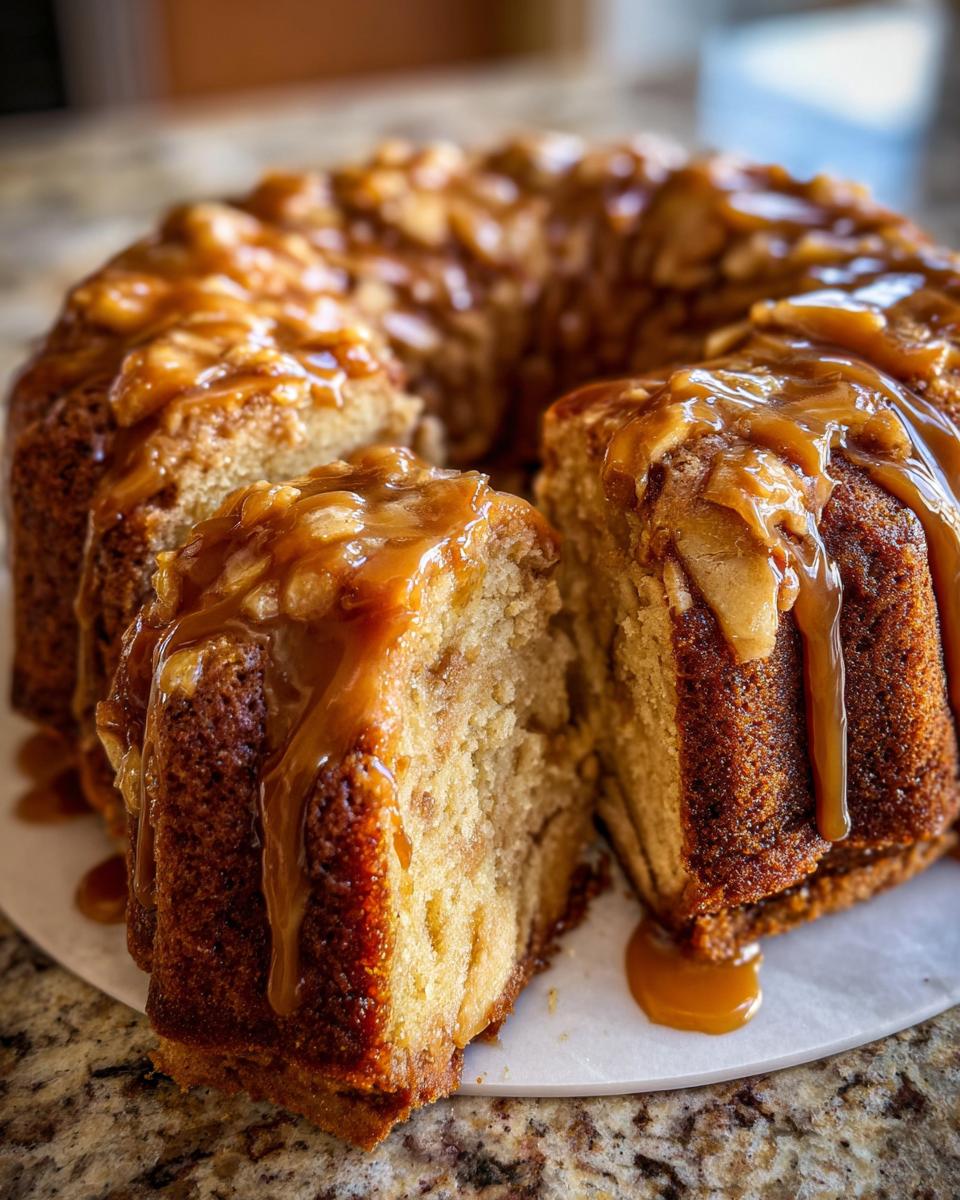 Close-up of a slice of caramel apple cake, showing the moist crumb and rich caramel topping.