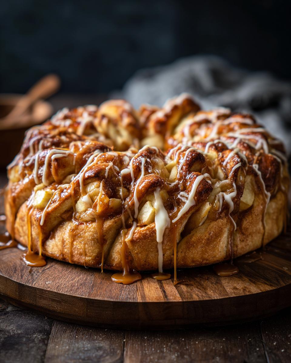 A close-up of a Caramel Apple Cream Cheese Crescent Ring drizzled with caramel and icing.