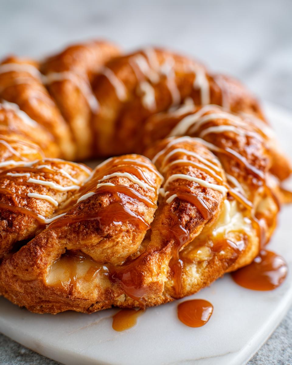 Close-up of a delicious Caramel Apple Cream Cheese Crescent Ring drizzled with caramel and white icing.