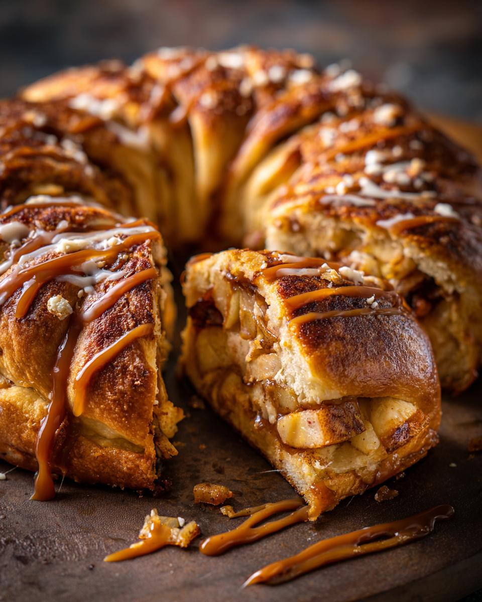 Close-up of a slice of caramel apple cream cheese crescent ring, showing layers of apple and cream cheese filling.