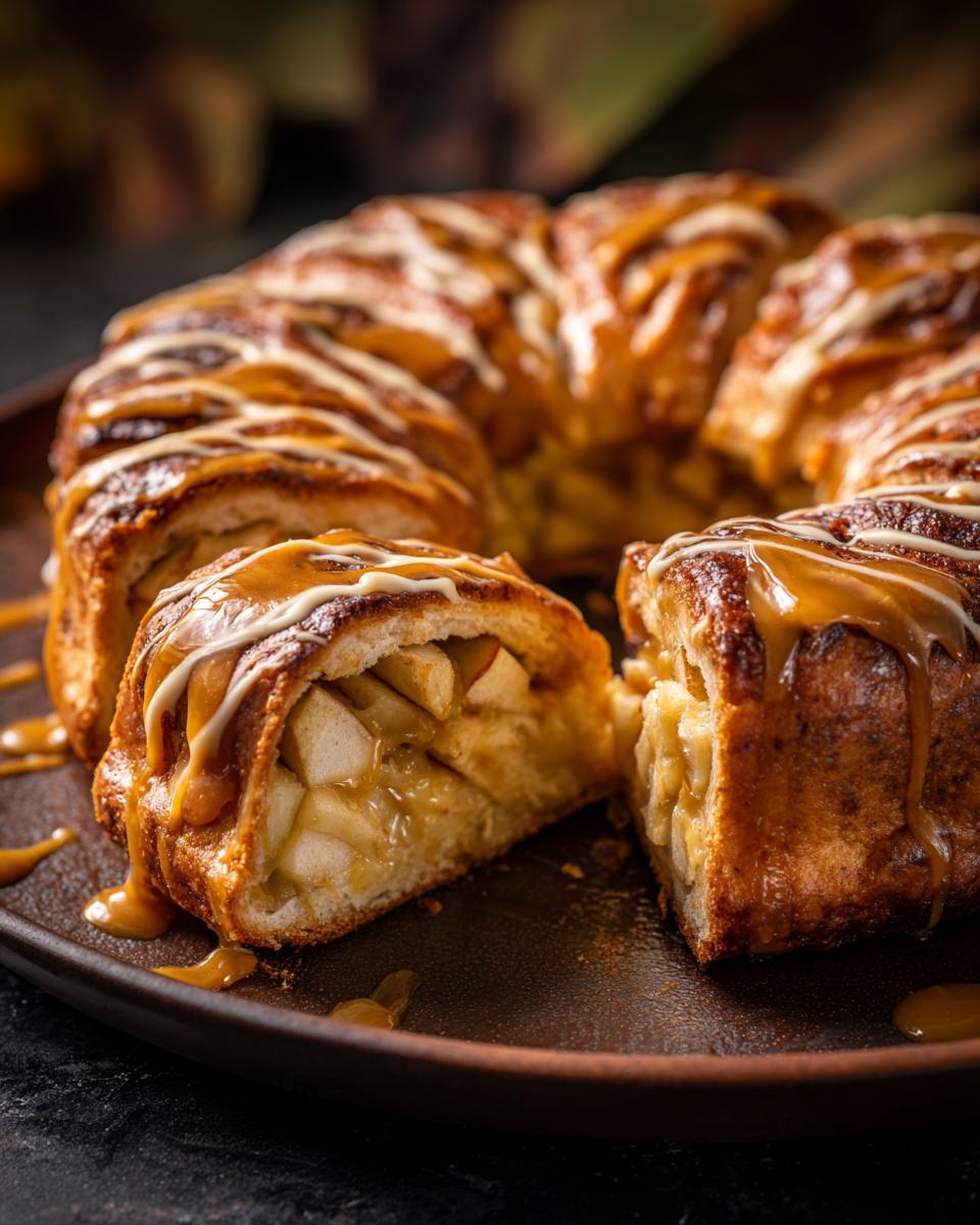 A slice of caramel apple cream cheese crescent ring, showing the gooey apple filling and drizzled caramel.