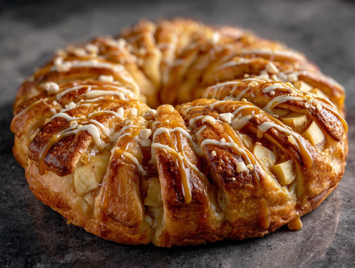 A close-up of a golden-brown Caramel Apple Cream Cheese Crescent Ring, drizzled with caramel and icing, and sprinkled with nuts.