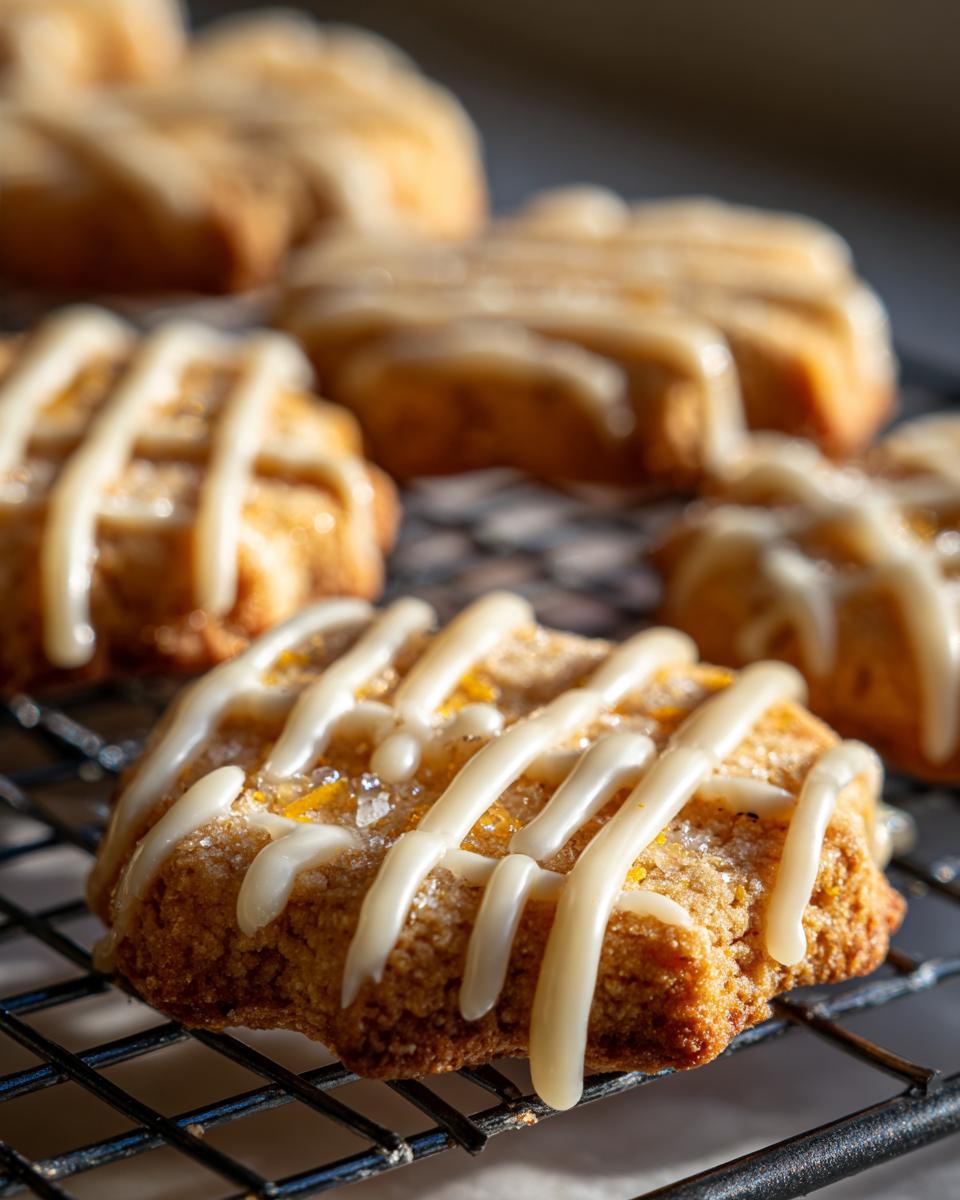 Close-up of cardamom shortbread cookies drizzled with a white glaze on a cooling rack.