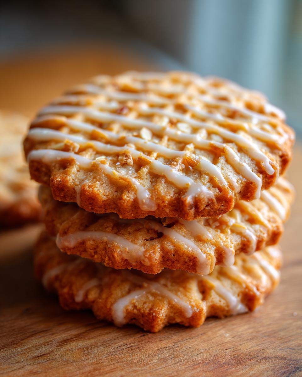 A stack of three cardamom shortbread cookies drizzled with white glaze and sprinkled with small pieces.