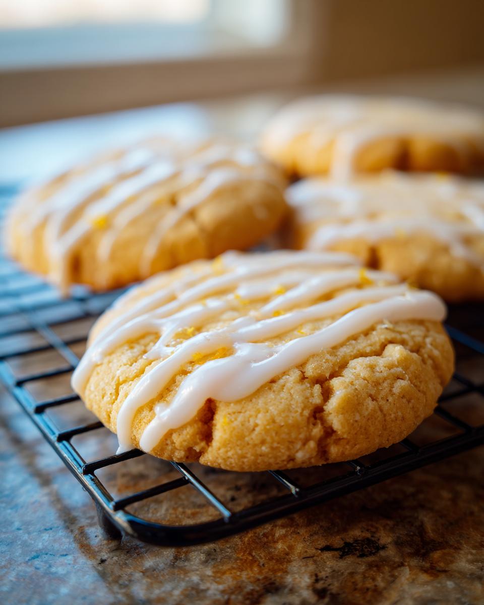 Close-up of a cardamom shortbread cookie drizzled with white glaze and sprinkled with zest on a cooling rack.