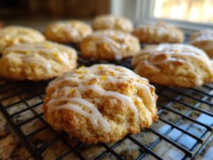 Close-up of freshly baked cardamom shortbread cookies drizzled with white glaze and sprinkled with zest on a cooling rack.
