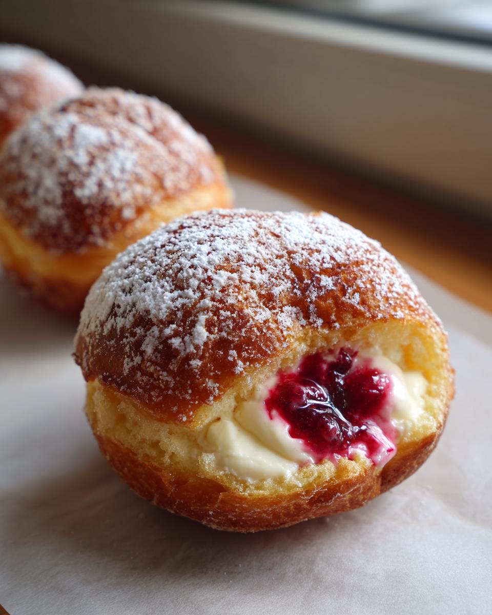 Close-up of a cheesecake stuffed doughnut, dusted with powdered sugar, showing creamy filling and berry jam.
