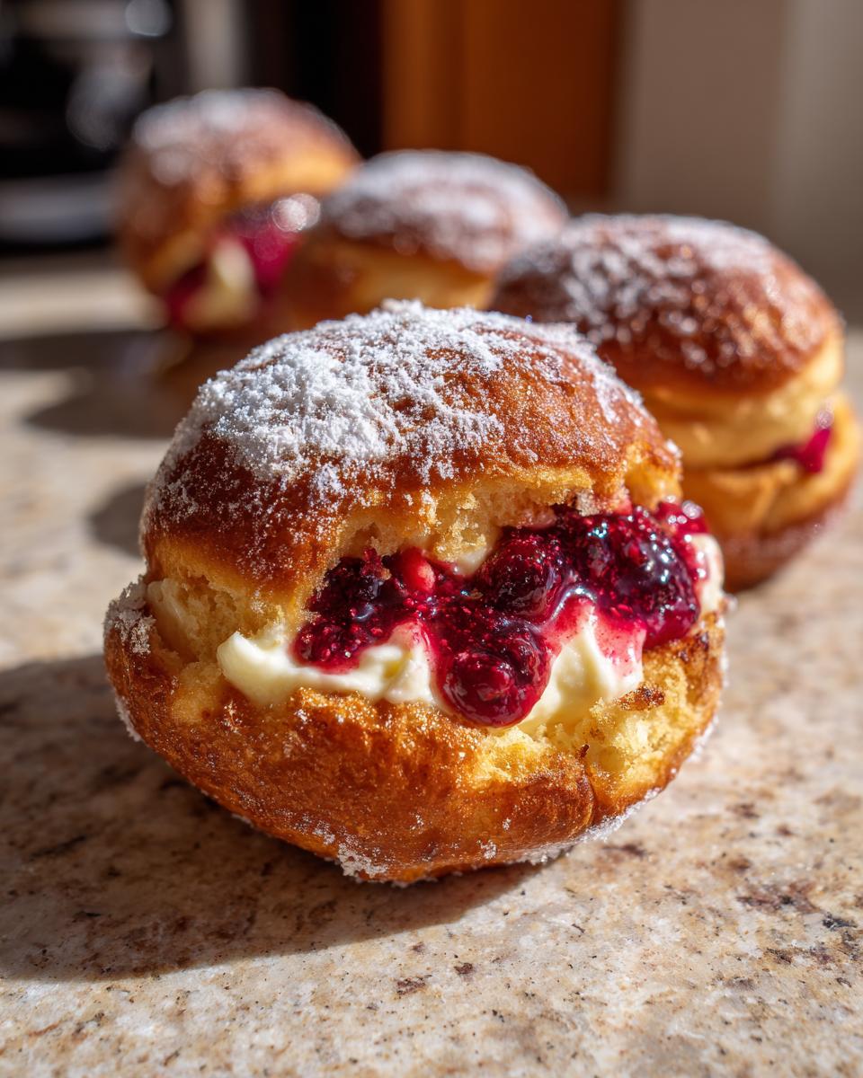Close-up of a cheesecake stuffed doughnut, dusted with powdered sugar, filled with creamy cheesecake and berry jam.