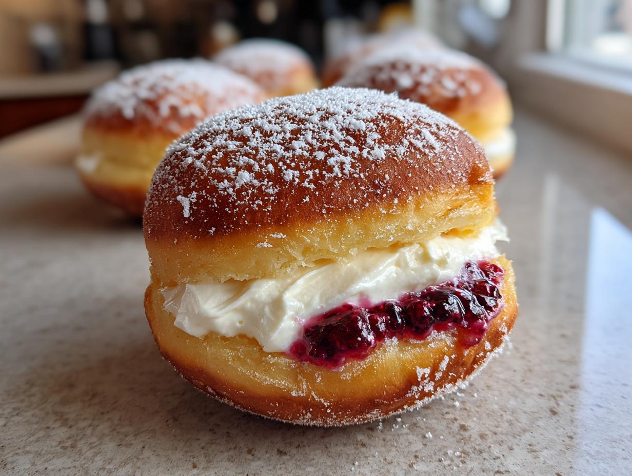 Close-up of a cheesecake stuffed doughnut filled with cream and jam, dusted with powdered sugar.