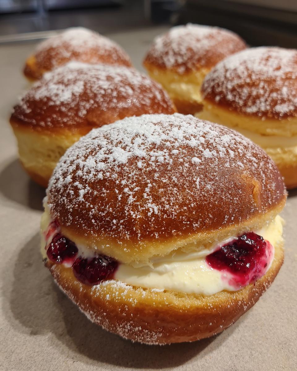 Close-up of delicious cheesecake stuffed doughnuts, dusted with powdered sugar and filled with cream and berry jam.