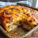 A slice taken out of a cheesy ground beef potato bake, showing layers of potatoes and seasoned ground beef topped with melted cheese.