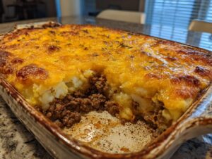 A close-up view of a cheesy ground beef potato bake in a casserole dish, showing layers of seasoned ground beef and mashed potatoes topped with melted cheddar cheese.