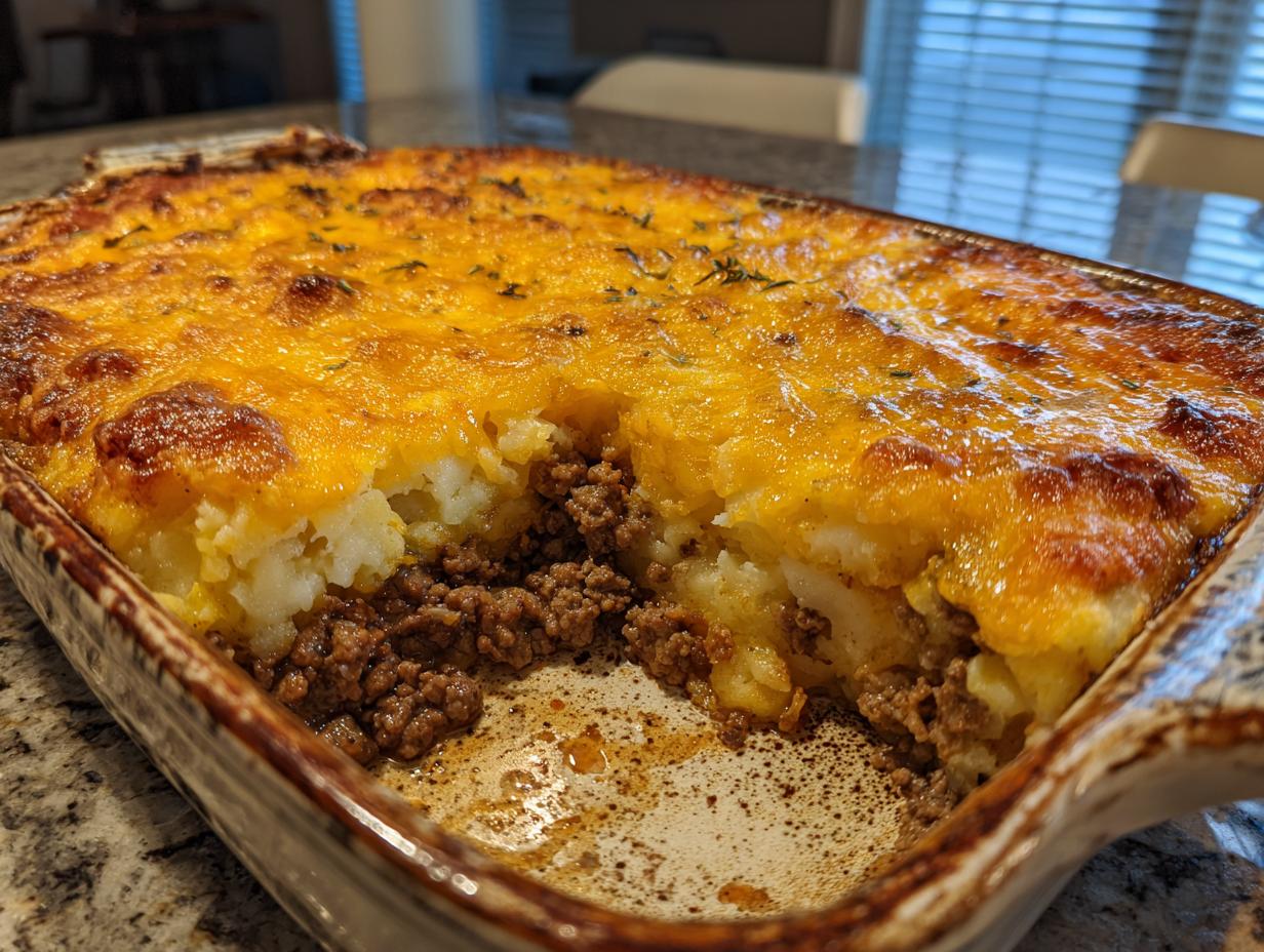 A close-up view of a cheesy ground beef potato bake in a casserole dish, showing layers of seasoned ground beef and mashed potatoes topped with melted cheddar cheese.